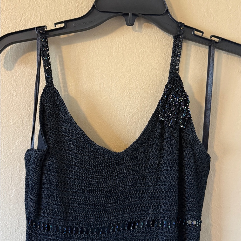 Vintage Caché Black Crochet Beaded Dress Sz 8 Whimsigoth Y2K Asymmetrical Midi - Picture 16 of 17